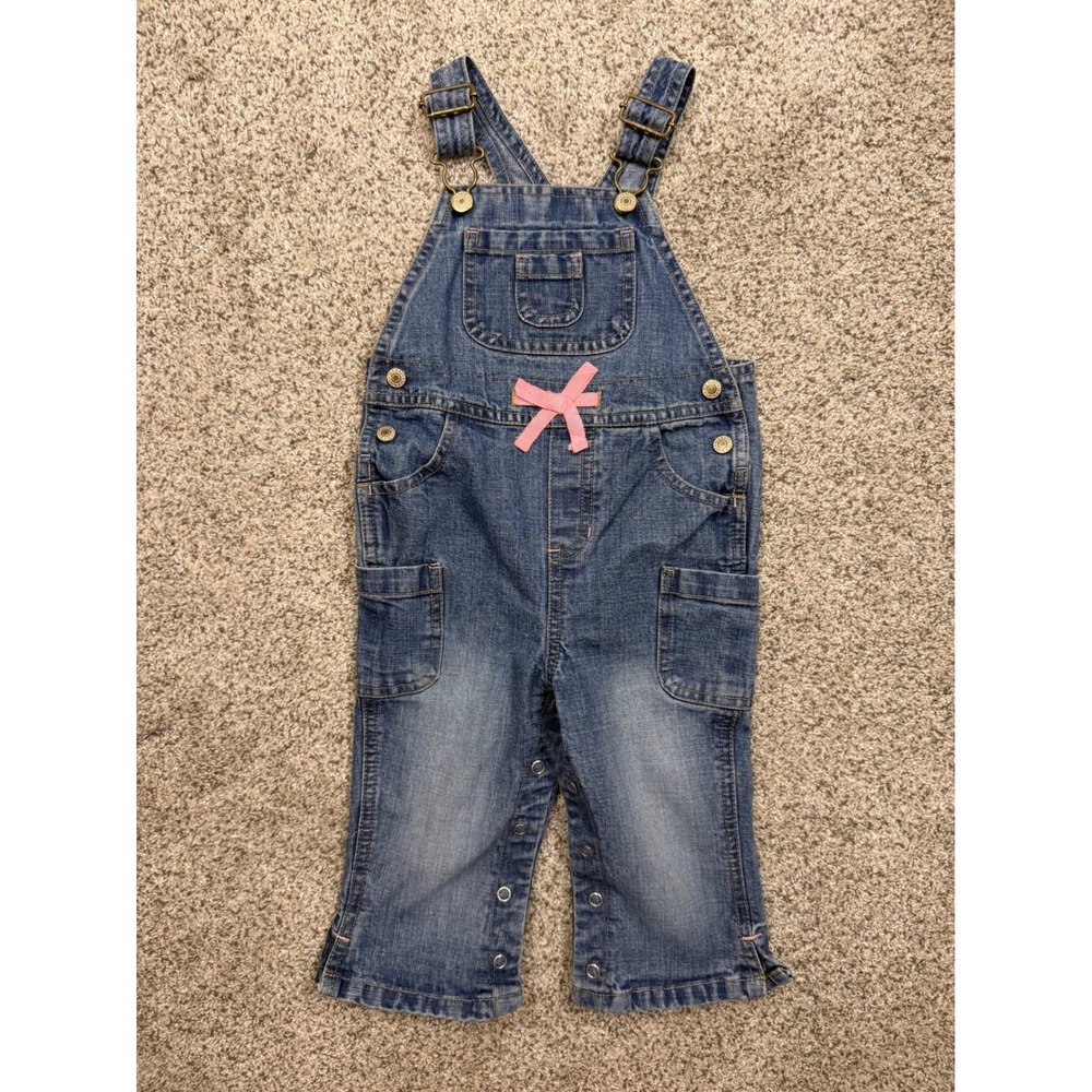 Old Navy Denim Overalls 18-24 Months Blue Classic Pink Ribbon Bow Baby Girls